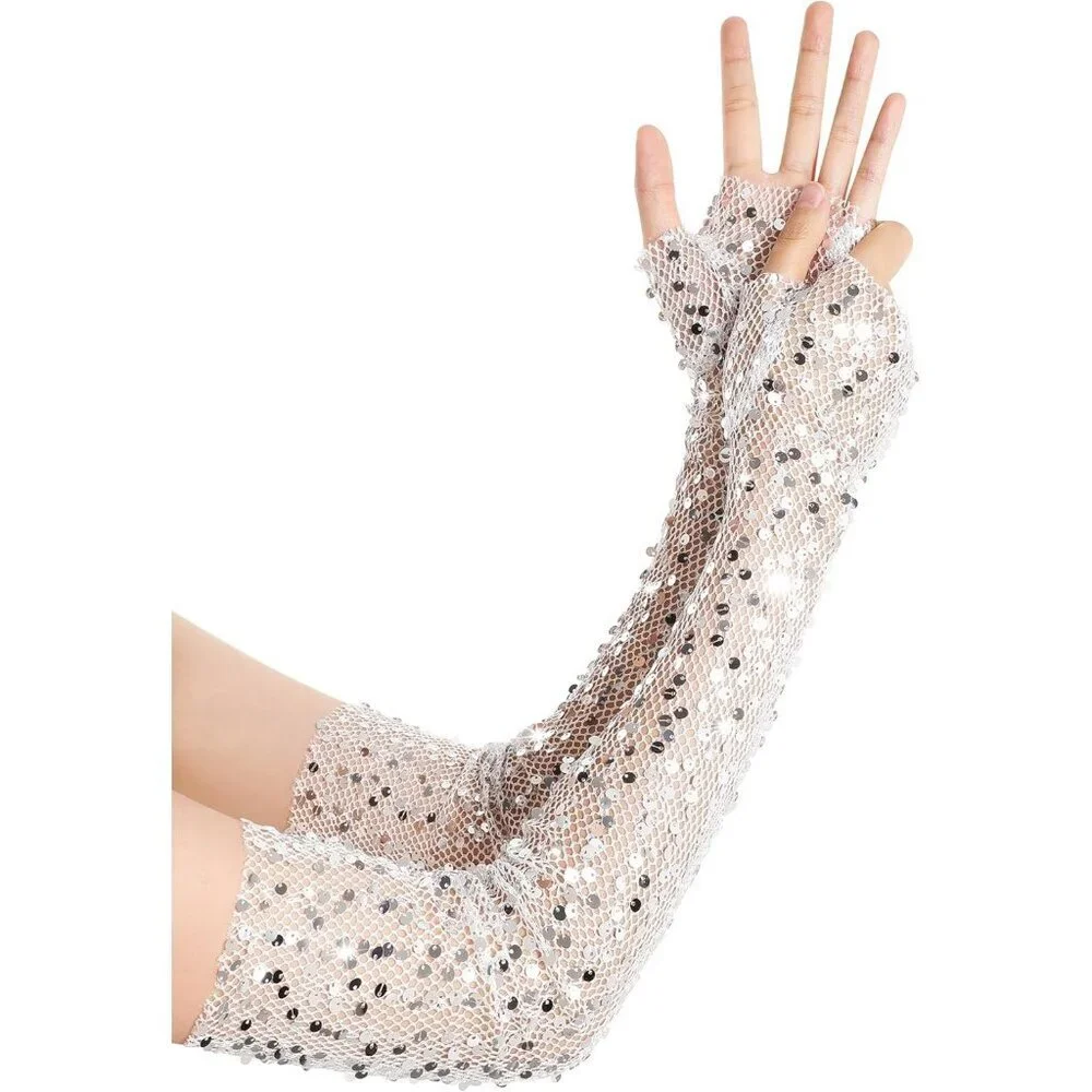 Women's White Fingerless Glitter Sequin Sparkling Elbow Length Long Gloves